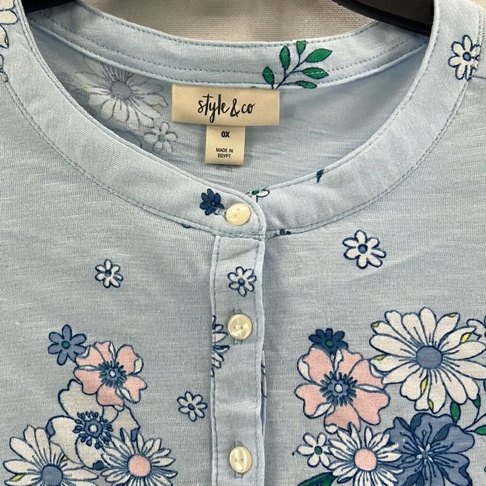 Style & Co Floral Henley Long Sleeve Knit Top- Retro Blue- Plus Size 0X- NWT - Picture 2 of 6